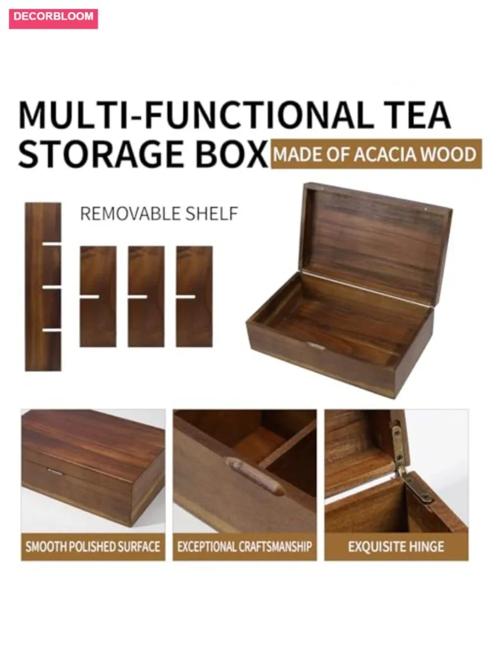 Acacia Wooden Tea Bag Organizer with Magnetic Lid, 8 Adjustable Compartments